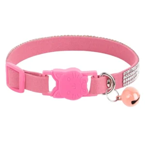 Soft Pink Suede Leather Cat Collar - Cute Bling Rhinestone Design, with Bell & Safety Breakaway Buckle, Adjustable XS/S Sizes
