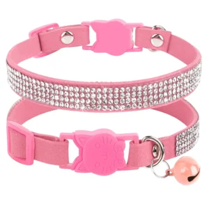 Soft Pink Suede Leather Cat Collar - Cute Bling Rhinestone Design, with Bell & Safety Breakaway Buckle, Adjustable XS/S Sizes
