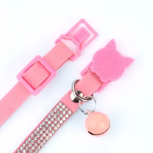 Soft Pink Suede Leather Cat Collar - Cute Bling Rhinestone Design, with Bell & Safety Breakaway Buckle, Adjustable XS/S Sizes