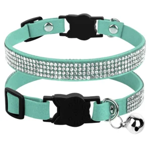 Soft Pink Suede Leather Cat Collar - Cute Bling Rhinestone Design, with Bell & Safety Breakaway Buckle, Adjustable XS/S Sizes