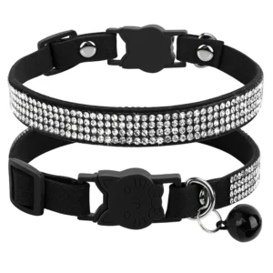 Soft Pink Suede Leather Cat Collar - Cute Bling Rhinestone Design, with Bell & Safety Breakaway Buckle, Adjustable XS/S Sizes