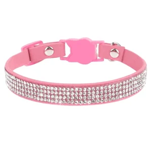 Soft Pink Suede Leather Cat Collar - Cute Bling Rhinestone Design, with Bell & Safety Breakaway Buckle, Adjustable XS/S Sizes