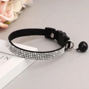 Soft Pink Suede Leather Cat Collar - Cute Bling Rhinestone Design, with Bell & Safety Breakaway Buckle, Adjustable XS/S Sizes