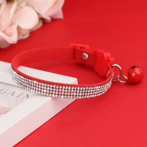 Soft Pink Suede Leather Cat Collar - Cute Bling Rhinestone Design, with Bell & Safety Breakaway Buckle, Adjustable XS/S Sizes