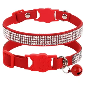 Soft Pink Suede Leather Cat Collar - Cute Bling Rhinestone Design, with Bell & Safety Breakaway Buckle, Adjustable XS/S Sizes