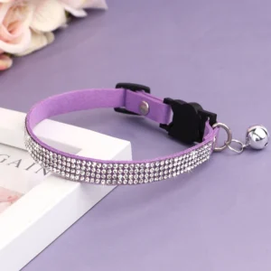 Soft Pink Suede Leather Cat Collar - Cute Bling Rhinestone Design, with Bell & Safety Breakaway Buckle, Adjustable XS/S Sizes