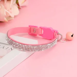 Soft Pink Suede Leather Cat Collar - Cute Bling Rhinestone Design, with Bell & Safety Breakaway Buckle, Adjustable XS/S Sizes